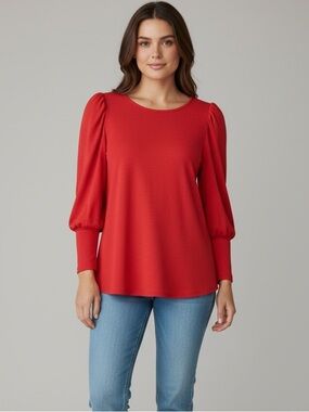 Amaryllis Red Puff Sleeve Knit Top Crew Neck Long Sleeve Blouse large